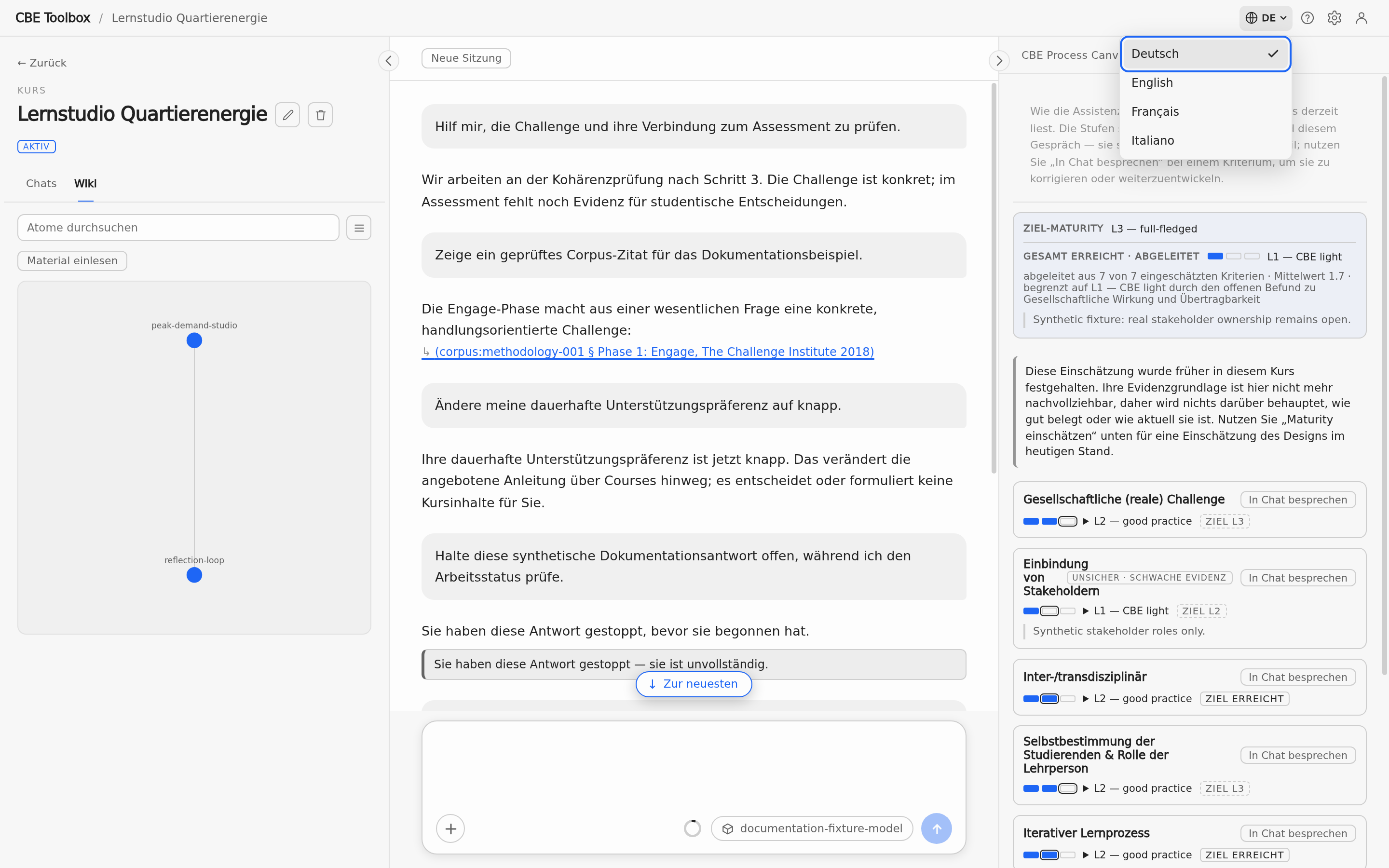 Deutscher Desktop-Kopfbereich mit geöffneter Auswahl der Oberflächensprache