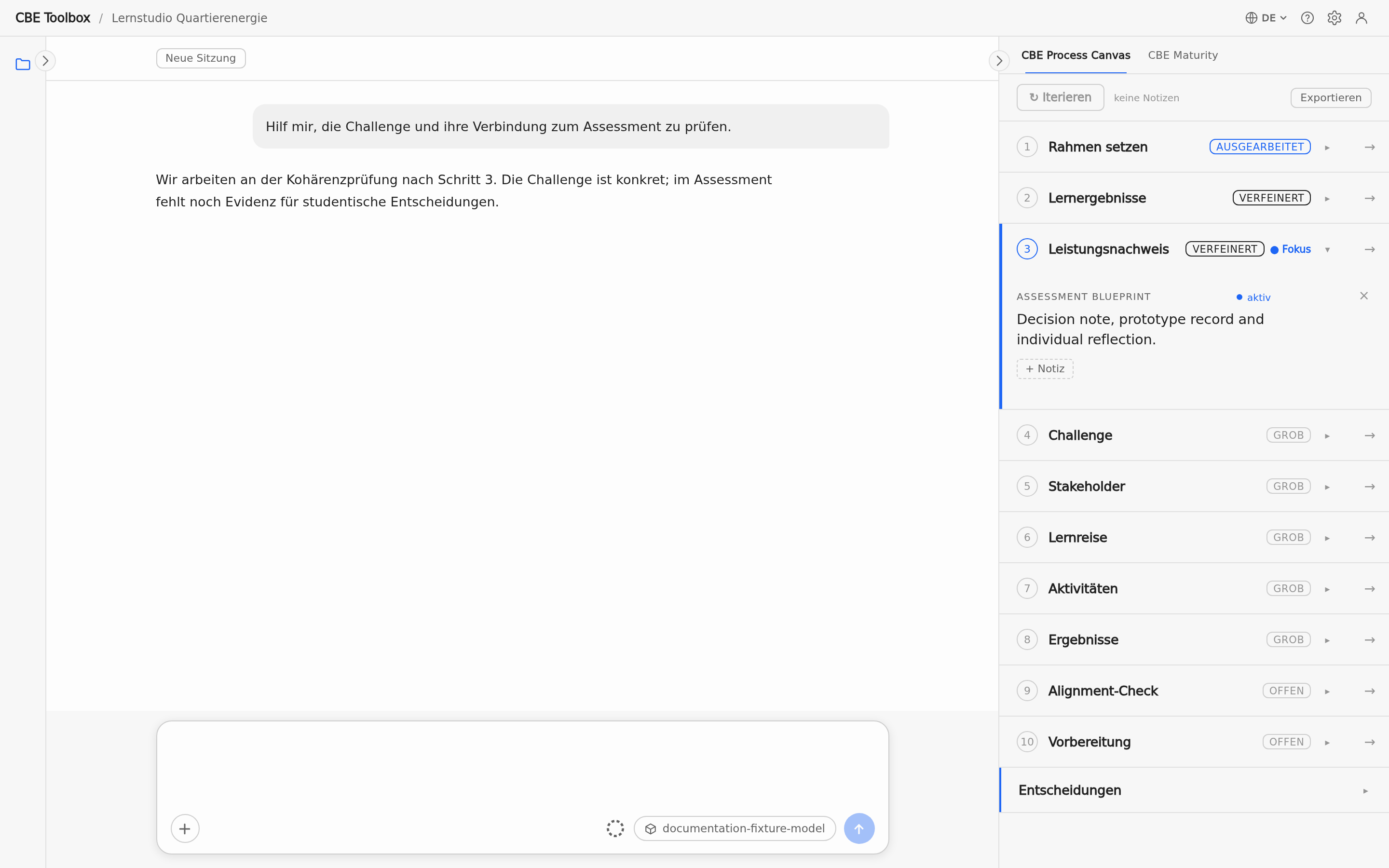 CBE Process Canvas mit zehn Schritten, unterschiedlichen Tiefen, Fokus und Karten