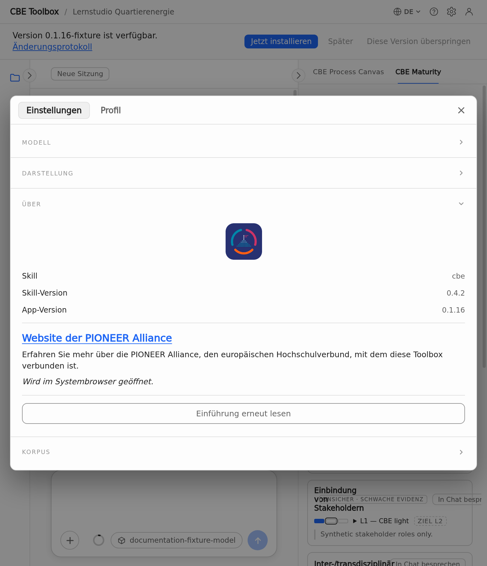 Schmale Settings-Ansicht mit einem Hinweis auf ein verfügbares Update