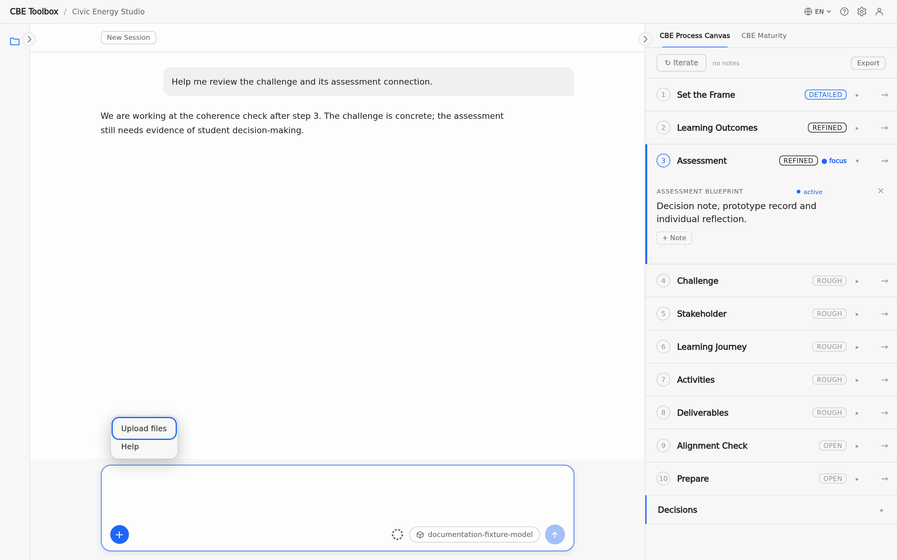 English desktop composer with its plus menu open for attachment and help routes