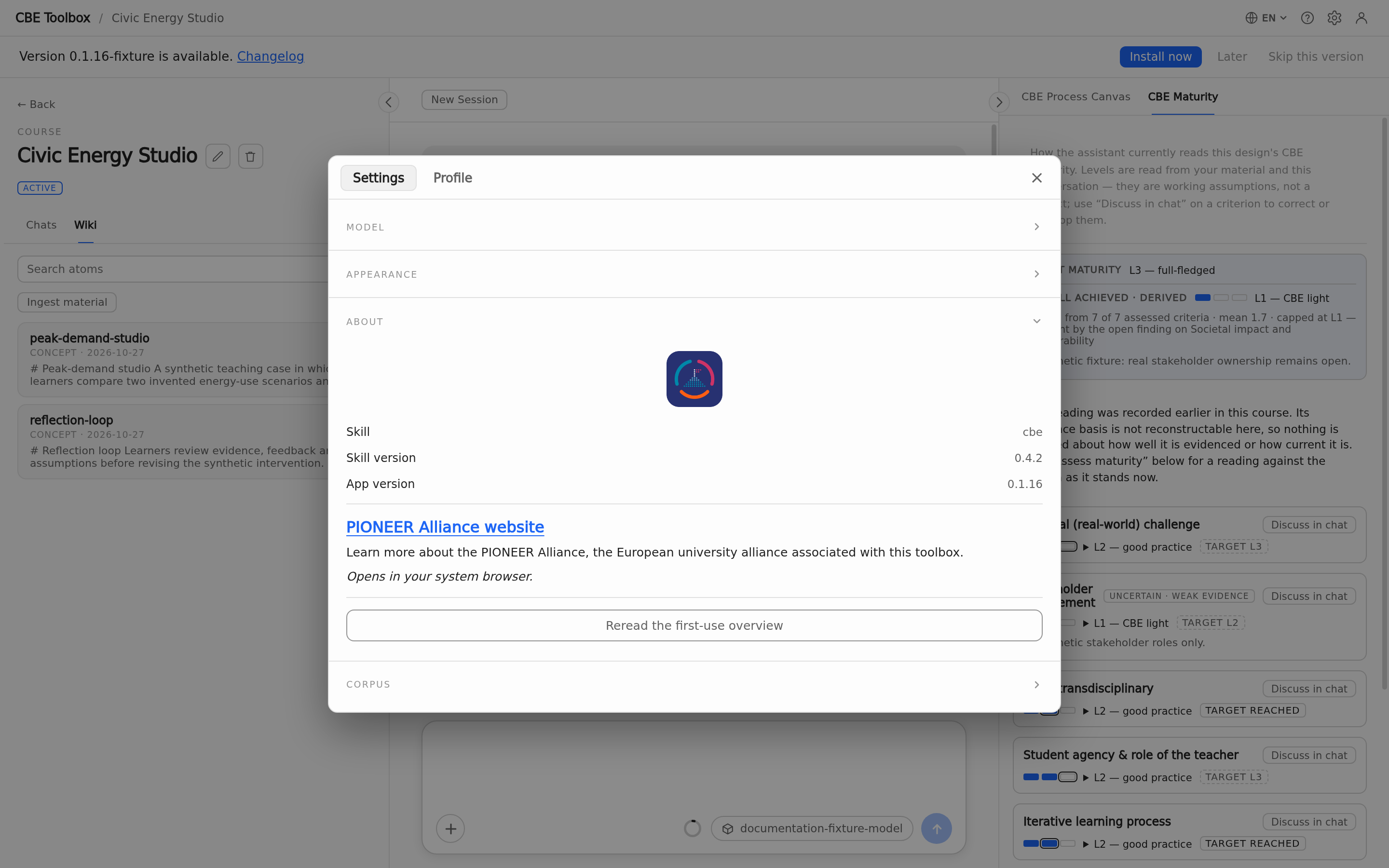 Settings with an update-available notice