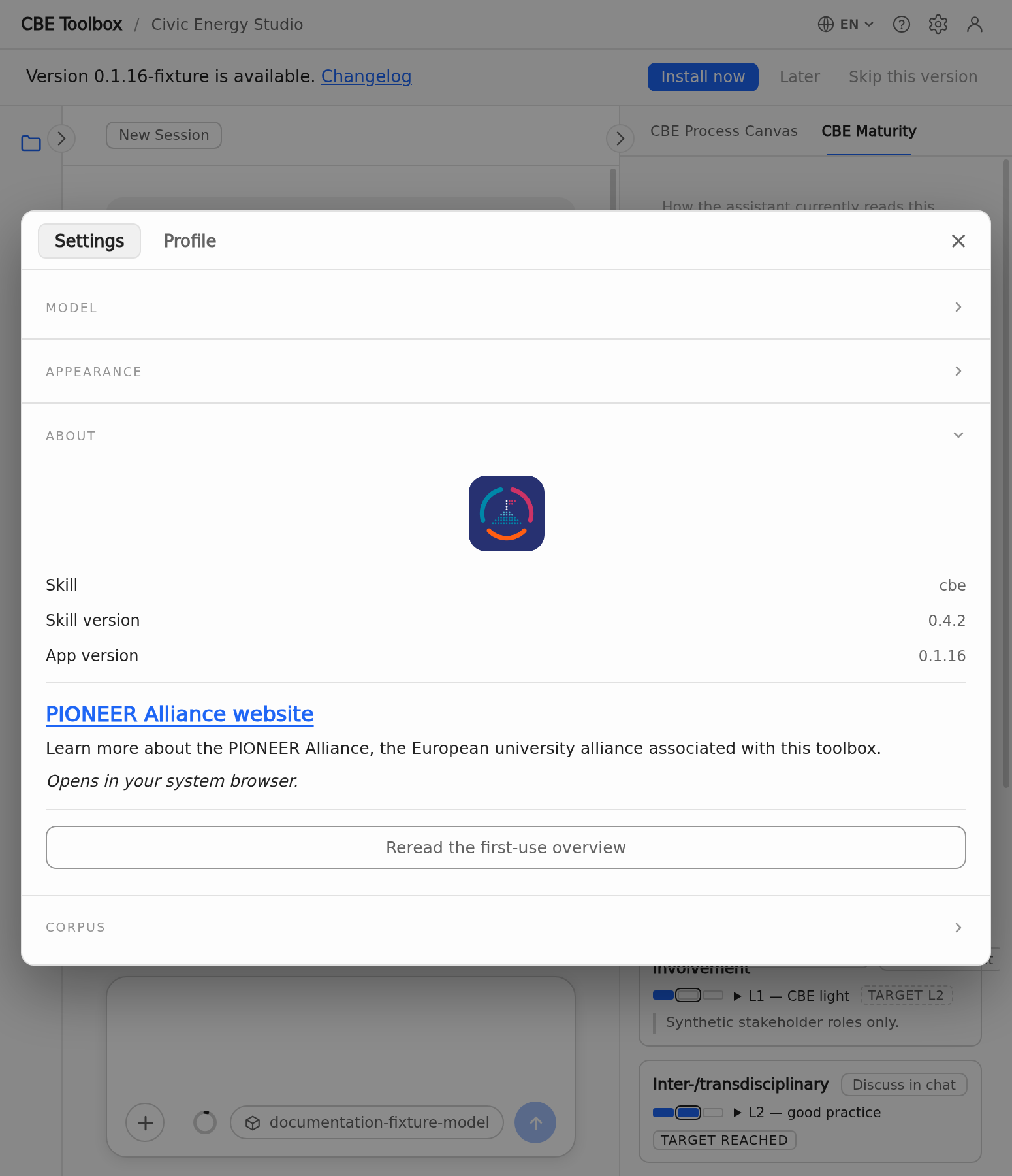 Narrow Settings view with an update-available notice