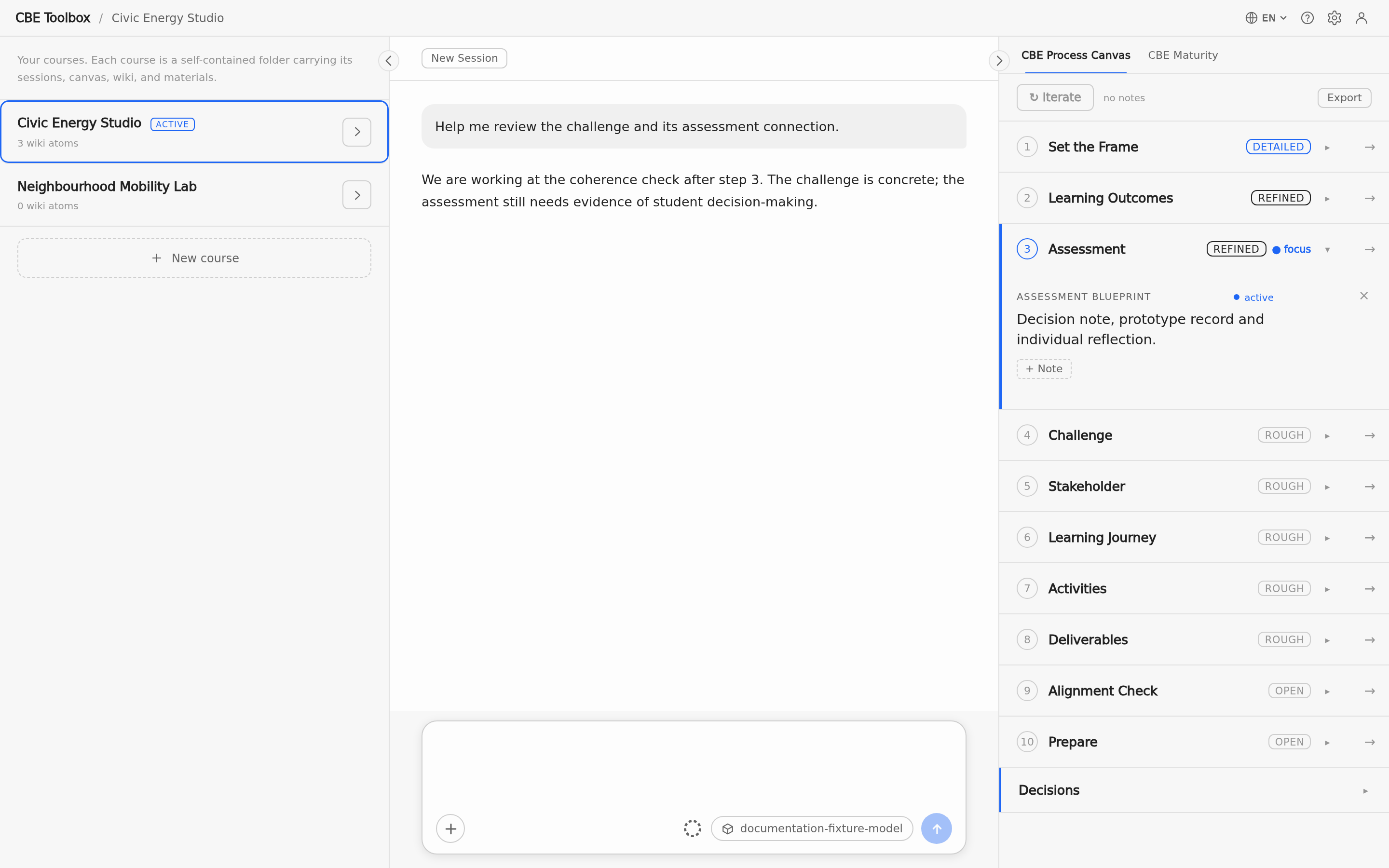 Desktop workspace with Courses, conversation and CBE Process Canvas