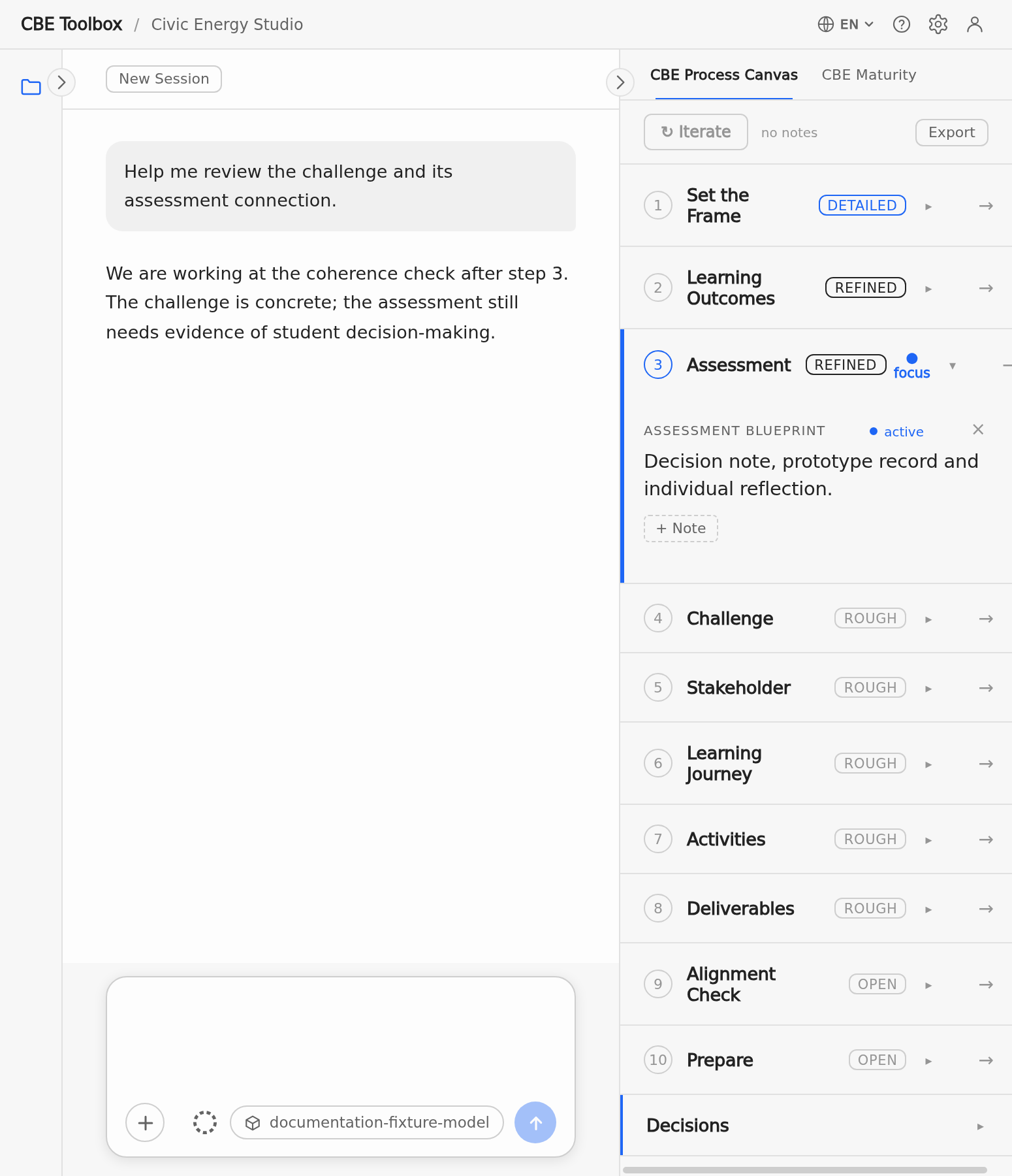 Workspace at the narrow width with panel controls and conversation